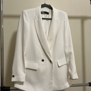 White double button blazer with gold buttons